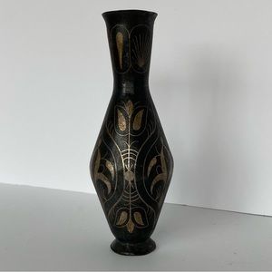 Vintage Brass Vase Etched India 7” Tall Metal Old Brown Bud Flower Engraved
